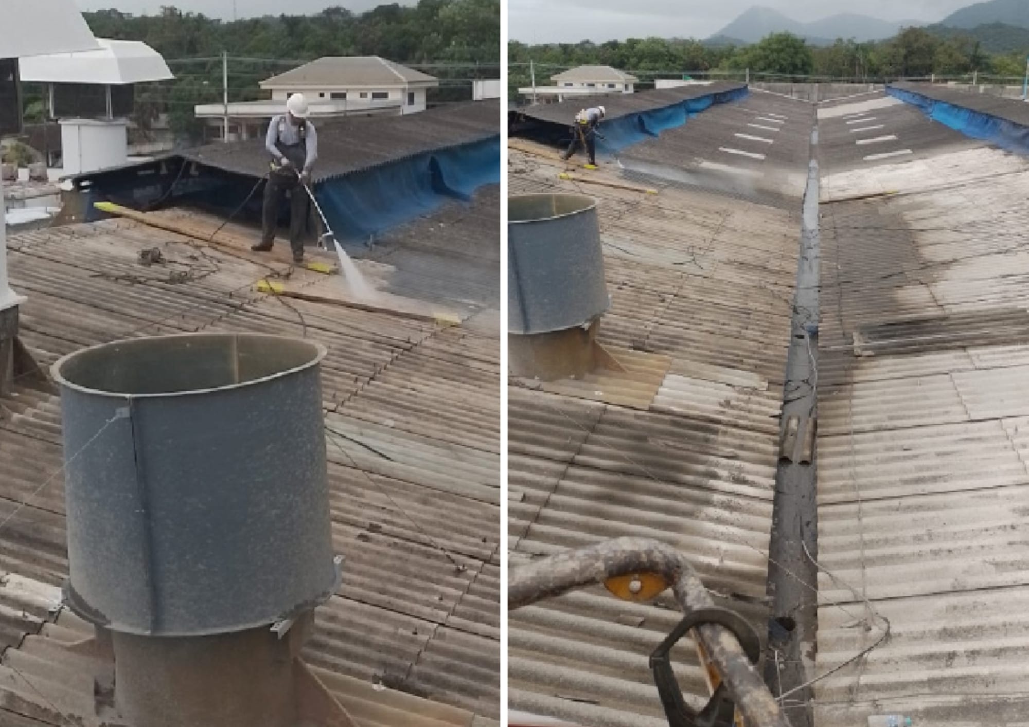 Lavagem e descontaminação do telhado com hidrojateamento
