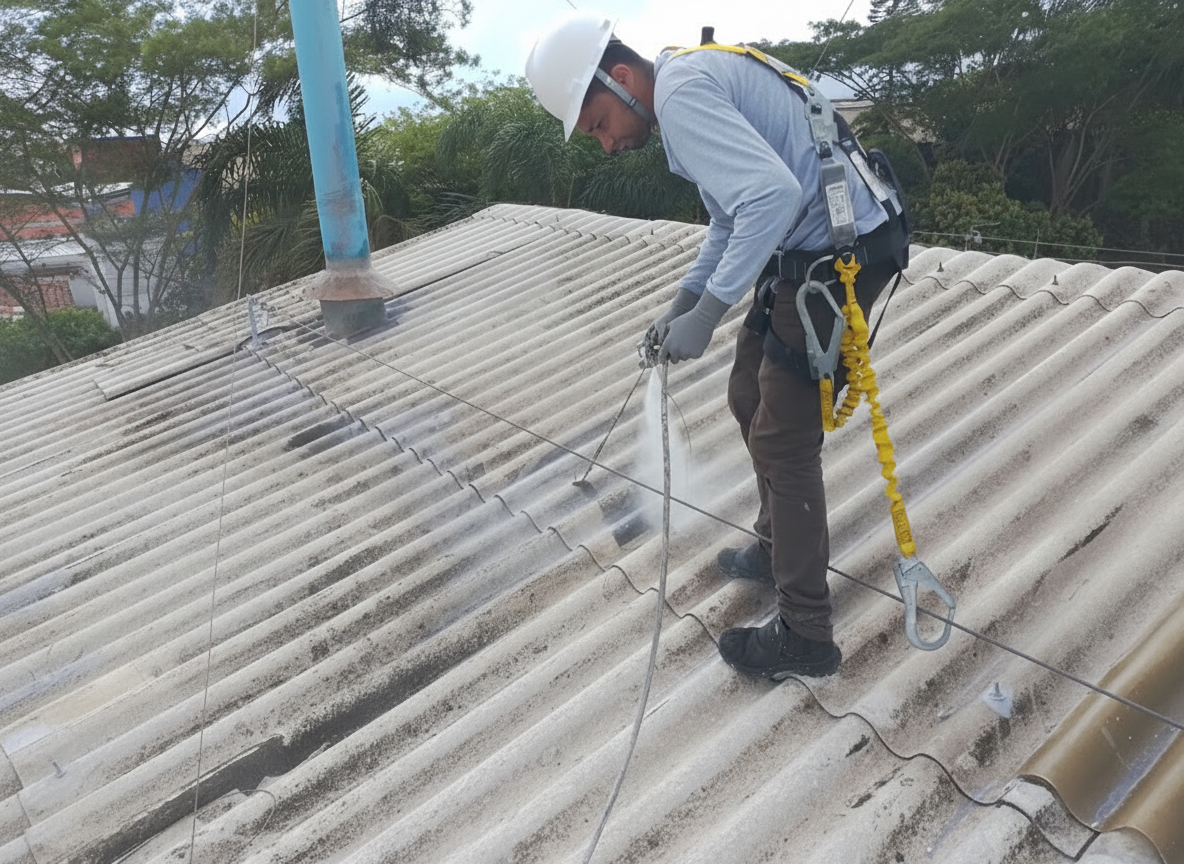 Técnico aplicando o MK Selador em cobertura de fibrocimento