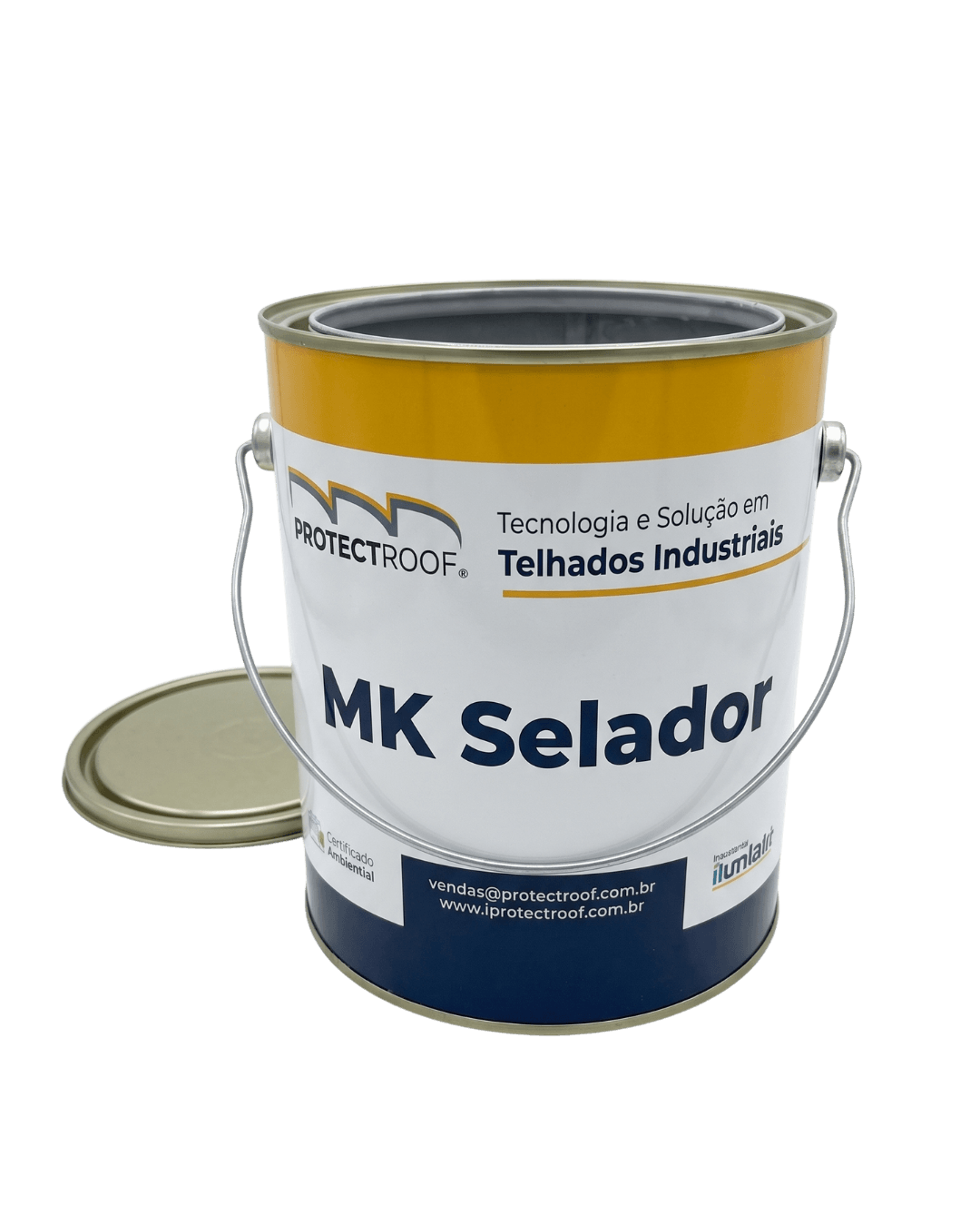Galão do MK Selador aberto, com a tampa ao lado